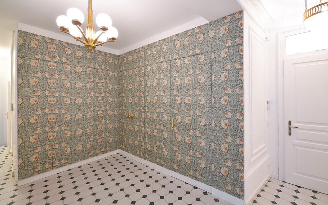 Wardrobe front wallpapered